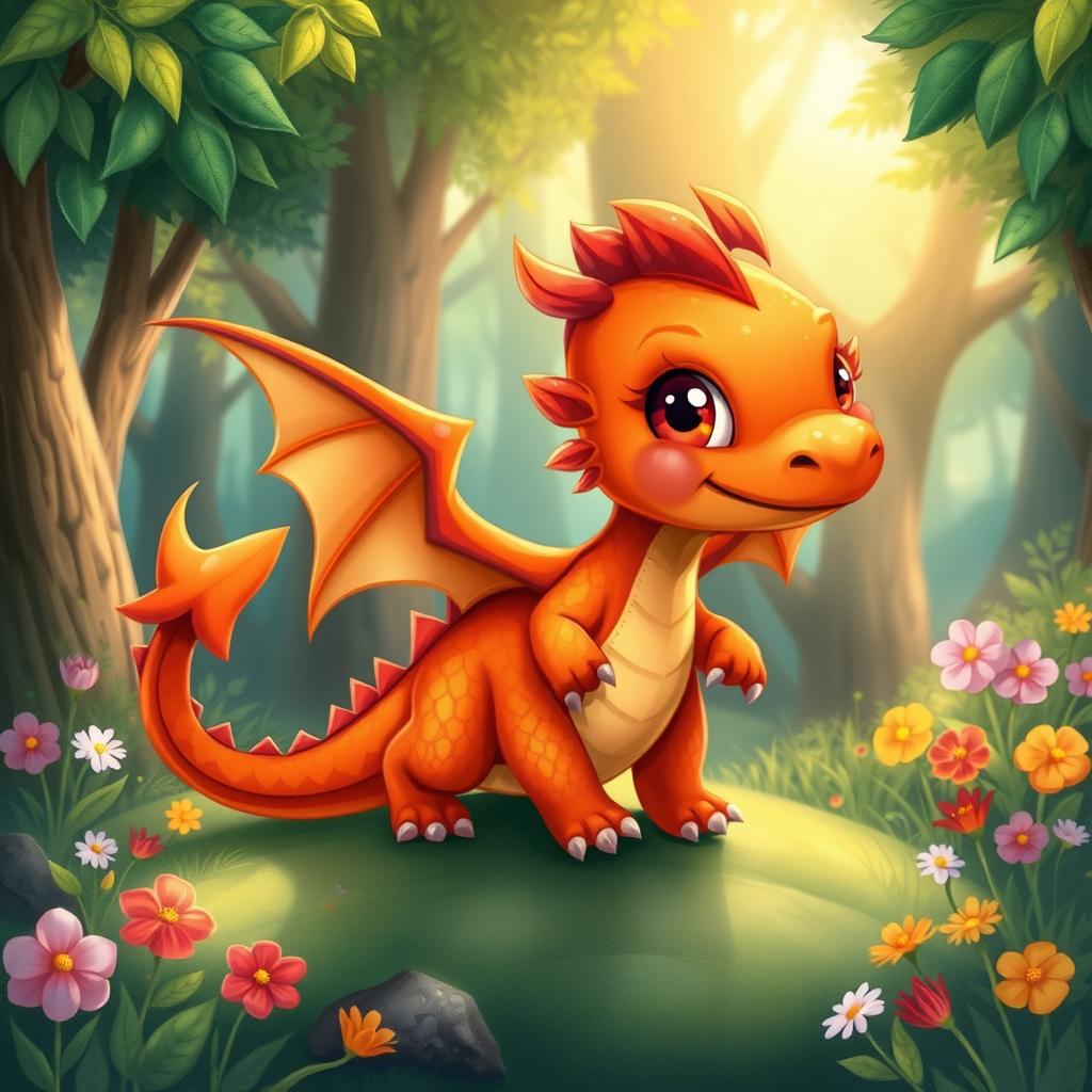 A whimsical illustration of a little dragon named Ember, with vibrant fiery scales that transition from deep orange to bright red