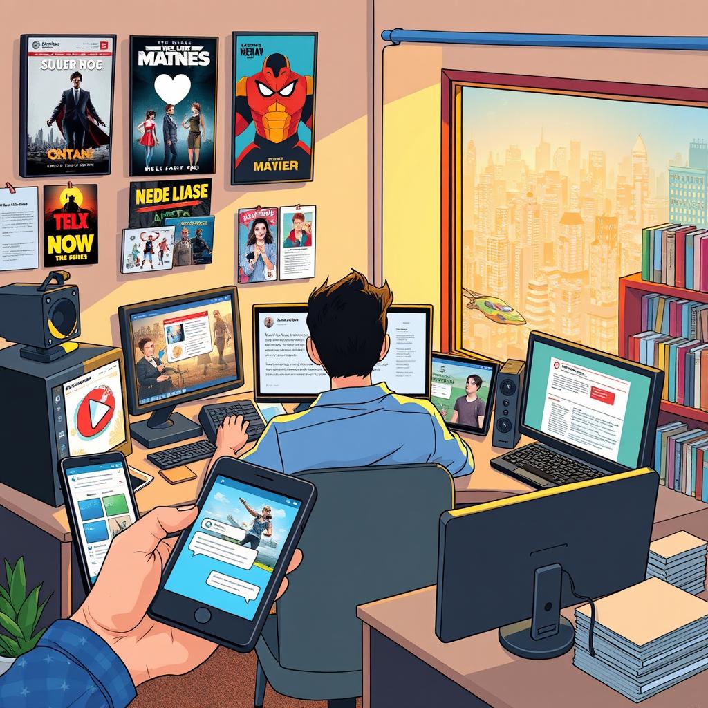 A detailed illustration showcasing various types of media impacting everyday life