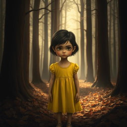 A poignant scene depicting Lily, a young girl wearing a bright yellow dress, standing alone in a dense brown forest