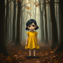 A poignant scene depicting Lily, a young girl wearing a bright yellow dress, standing alone in a dense brown forest