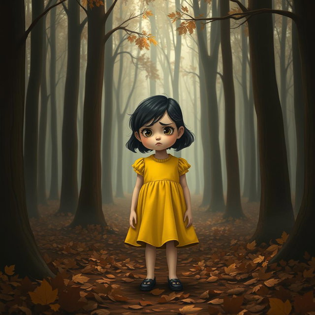 A poignant scene depicting Lily, a young girl wearing a bright yellow dress, standing alone in a dense brown forest