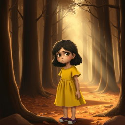 A poignant scene depicting Lily, a young girl wearing a bright yellow dress, standing alone in a dense brown forest