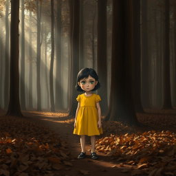 A poignant scene depicting Lily, a young girl wearing a bright yellow dress, standing alone in a dense brown forest