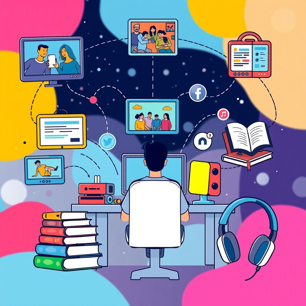 A vibrant illustration depicting the impact of different types of media on daily life