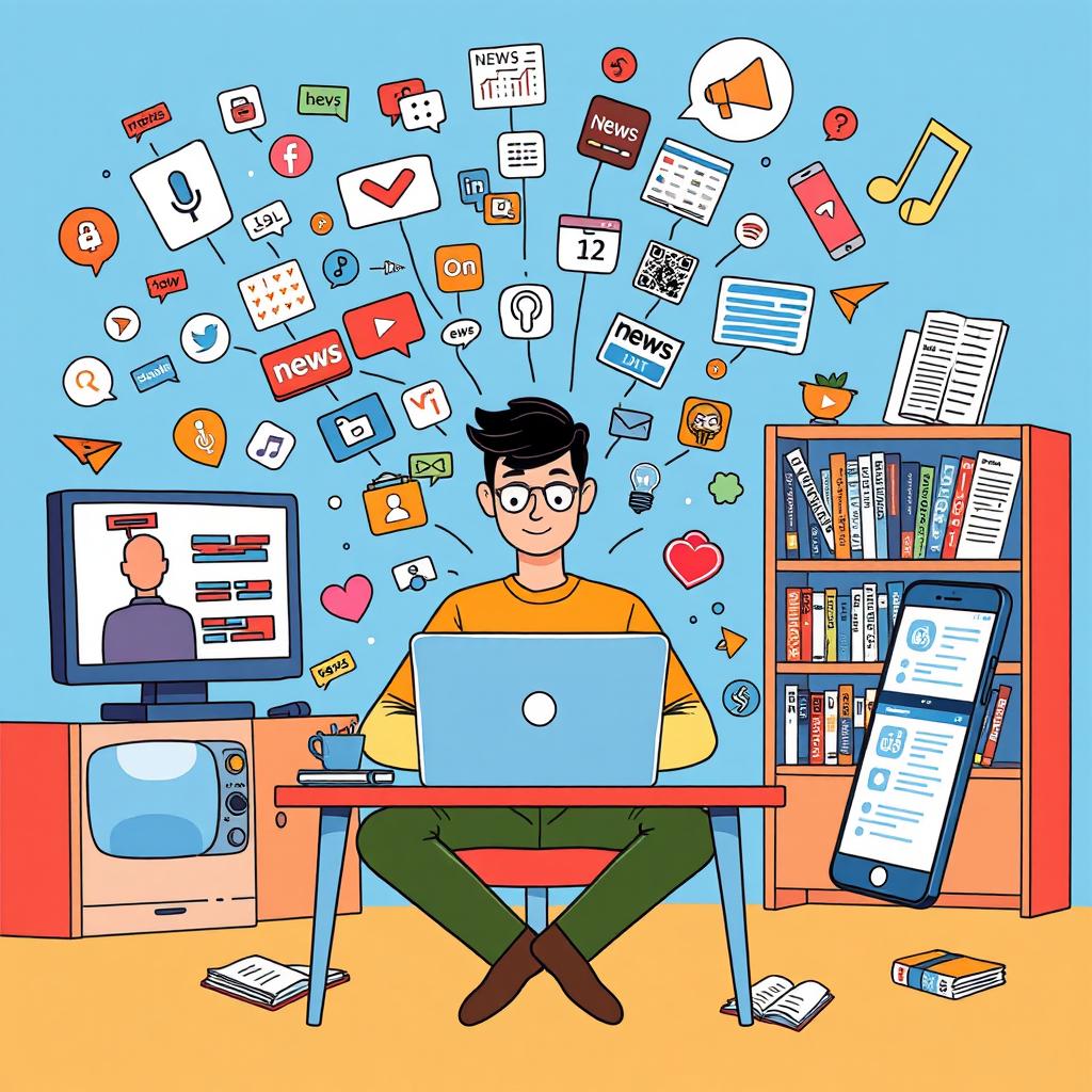 A creative and vibrant illustration showcasing various types of media and their impact on daily life