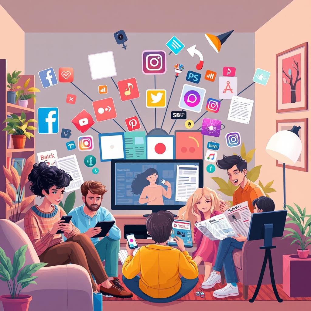 A visually compelling illustration depicting the various types of media impacting everyday life