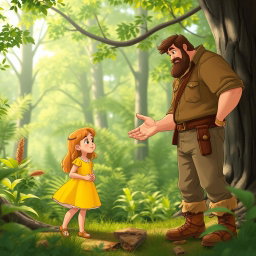 A serene scene set in a lush forest, where Lily, a young girl in a bright yellow dress, is engaged in a conversation with a tall, strong woodcutter