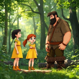 A serene scene set in a lush forest, where Lily, a young girl in a bright yellow dress, is engaged in a conversation with a tall, strong woodcutter