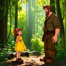A serene scene set in a lush forest, where Lily, a young girl in a bright yellow dress, is engaged in a conversation with a tall, strong woodcutter