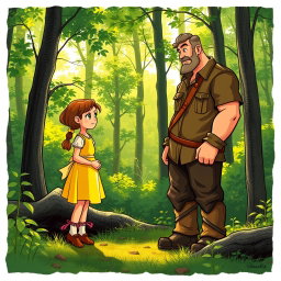 A serene scene set in a lush forest, where Lily, a young girl in a bright yellow dress, is engaged in a conversation with a tall, strong woodcutter