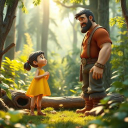 A vibrant 3D scene set in a lush forest, featuring Lily, a young girl in a bright yellow dress, engaged in a friendly conversation with a tall woodcutter
