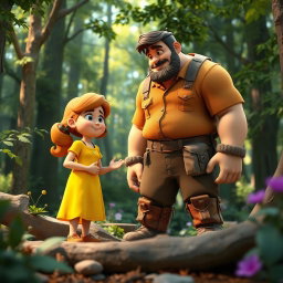 A vibrant 3D scene set in a lush forest, featuring Lily, a young girl in a bright yellow dress, engaged in a friendly conversation with a tall woodcutter