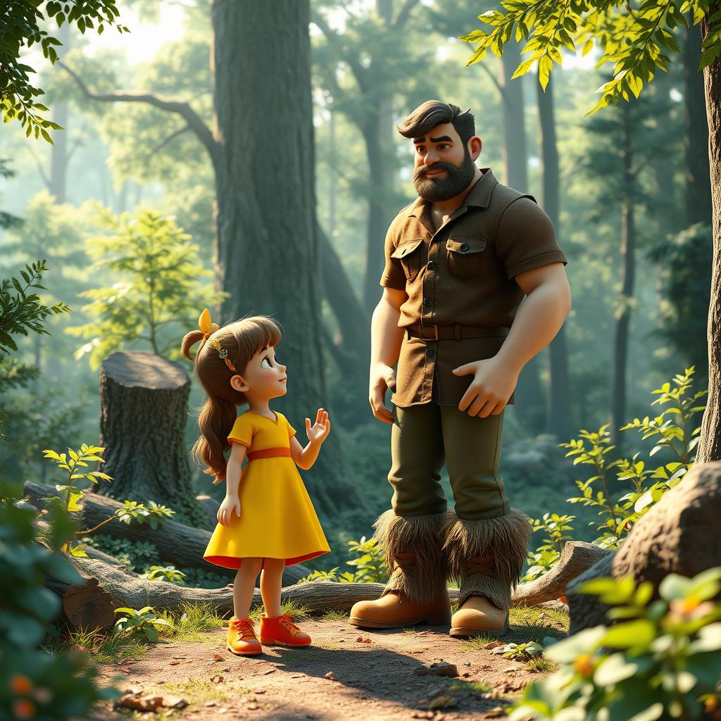 A vibrant 3D scene set in a lush forest, featuring Lily, a young girl in a bright yellow dress, engaged in a friendly conversation with a tall woodcutter