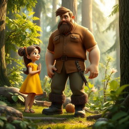 A vibrant 3D scene set in a lush forest, featuring Lily, a young girl in a bright yellow dress, engaged in a friendly conversation with a tall woodcutter