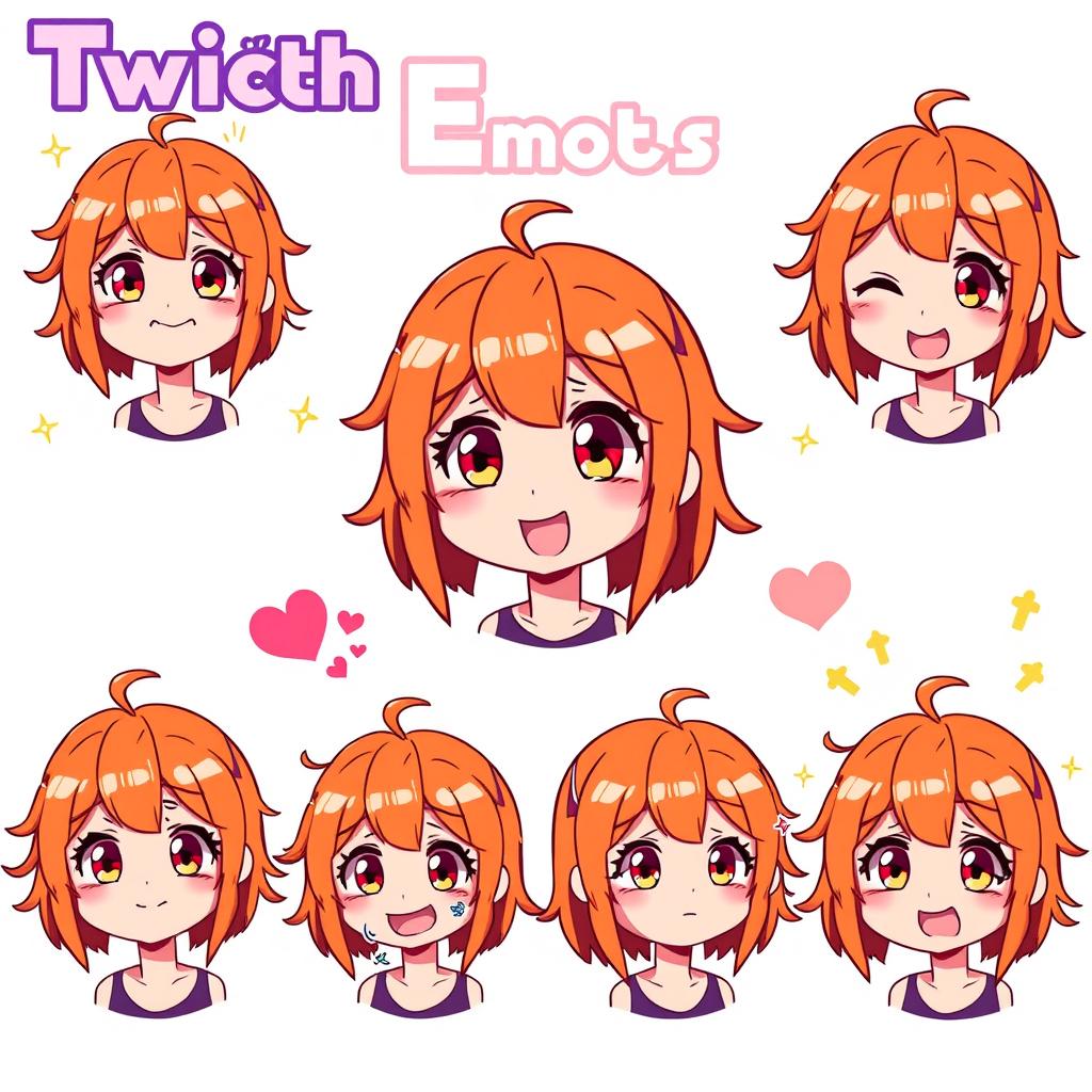 A collection of Twitch emotes featuring a girl with vibrant orange hair, expressing a variety of emotions