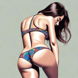 A digital art piece of a brunette woman wearing a stylish bikini, elegantly bending over