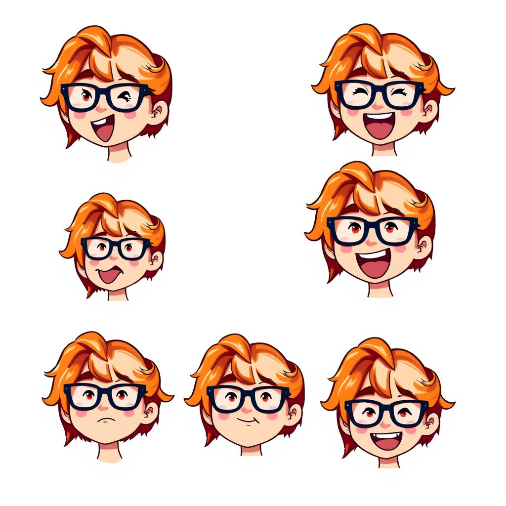 A collection of Twitch emotes featuring a girl with vibrant orange hair, wearing stylish glasses, all created in pixel art style