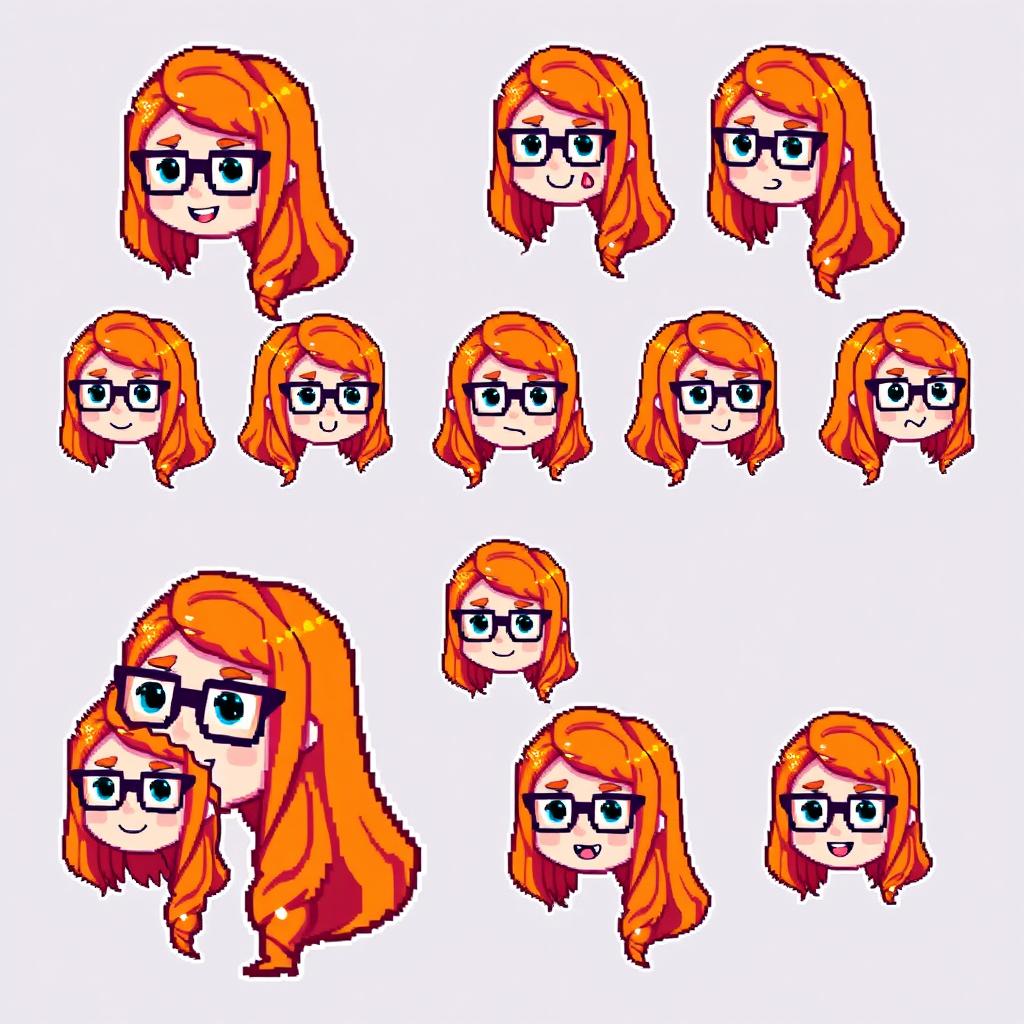 A collection of Twitch emotes in pixel art style featuring a girl with long orange hair and glasses