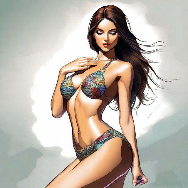 A digital art piece of a brunette woman wearing a stylish bikini, elegantly bending over