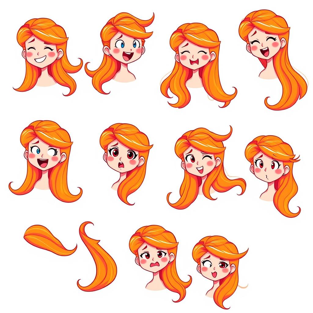 A series of vibrant and expressive emotes featuring a girl with long, bright orange hair