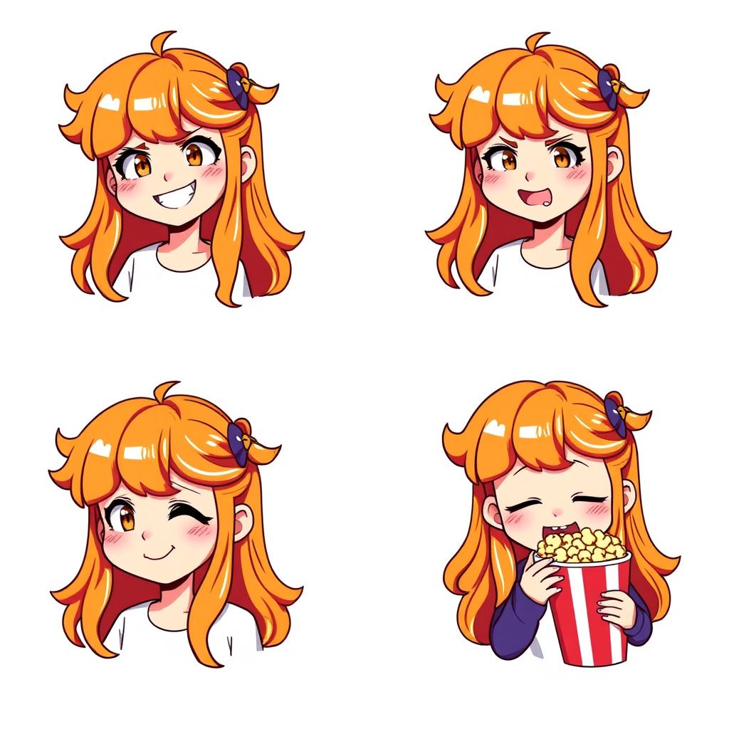A collection of Twitch emotes featuring a girl with long orange hair, showcasing five different emotions: happy, angry, sad, sleeping, and eating popcorn