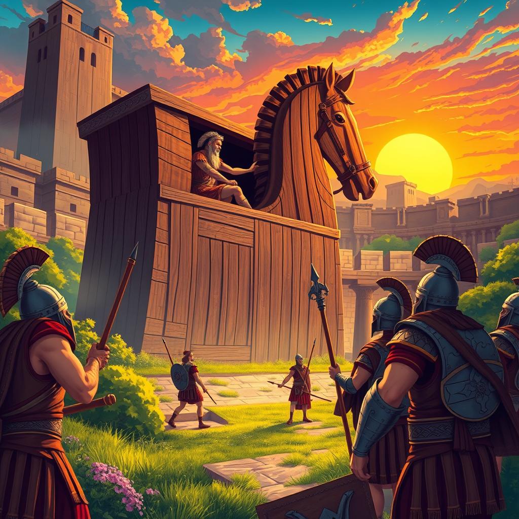 A dynamic and vivid illustration of the Trojan War featuring the legendary Wooden Horse, depicted in an ancient Greek setting