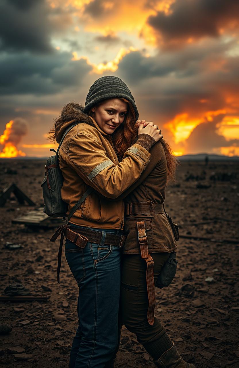 a dramatic scene encapsulating the themes of love and survival, depicting a couple holding each other tightly on a desolate landscape after a catastrophic event, with a fiery orange sky and debris scattered around, showcasing intense emotions of hope and resilience