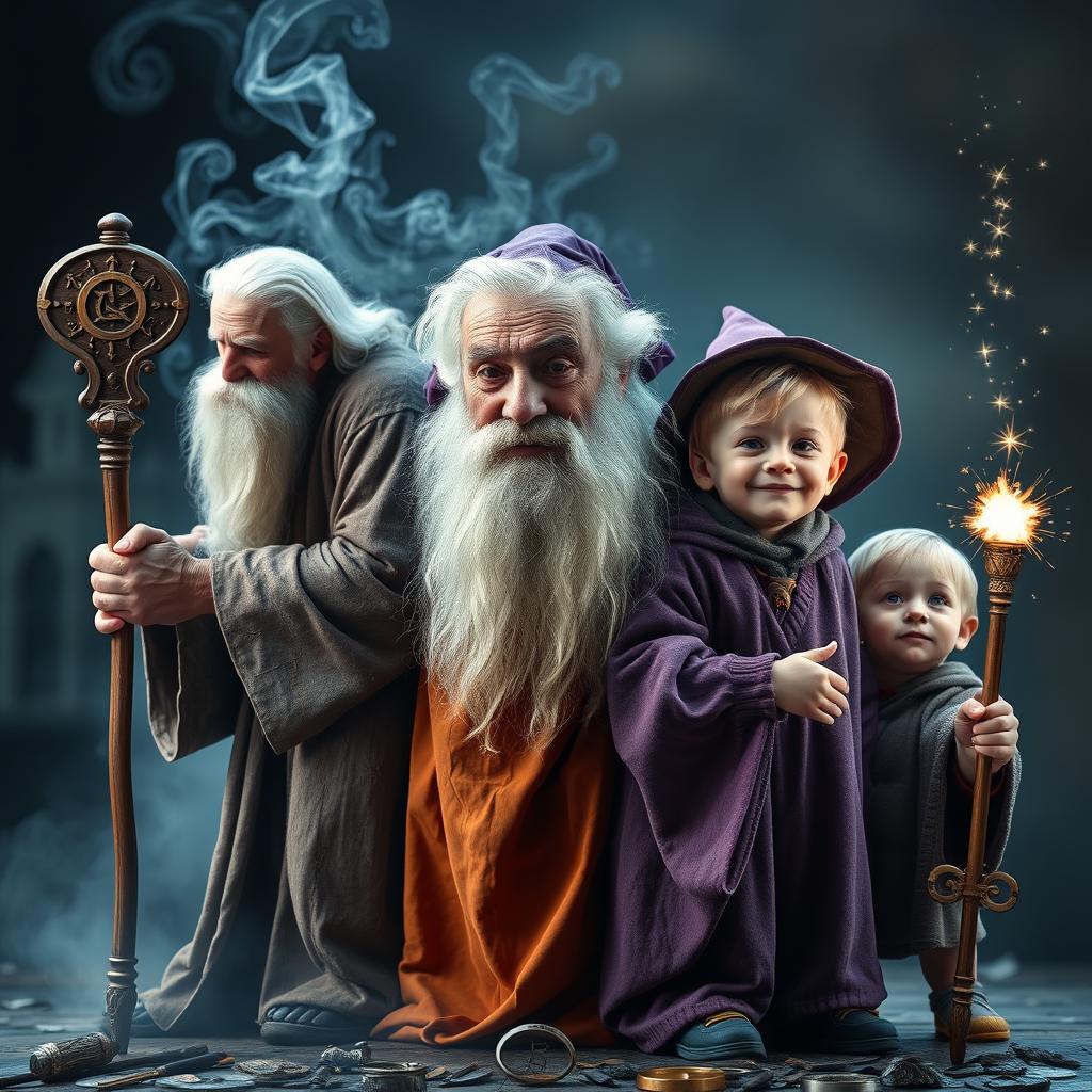 A magical scene depicting a wizard aging in reverse over a span of ten seconds