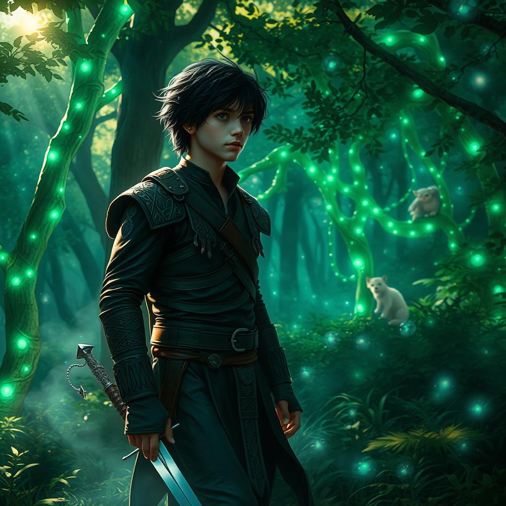 A black-haired young man wandering in an enchanted forest, surrounded by mystical trees glowing with bioluminescent lights