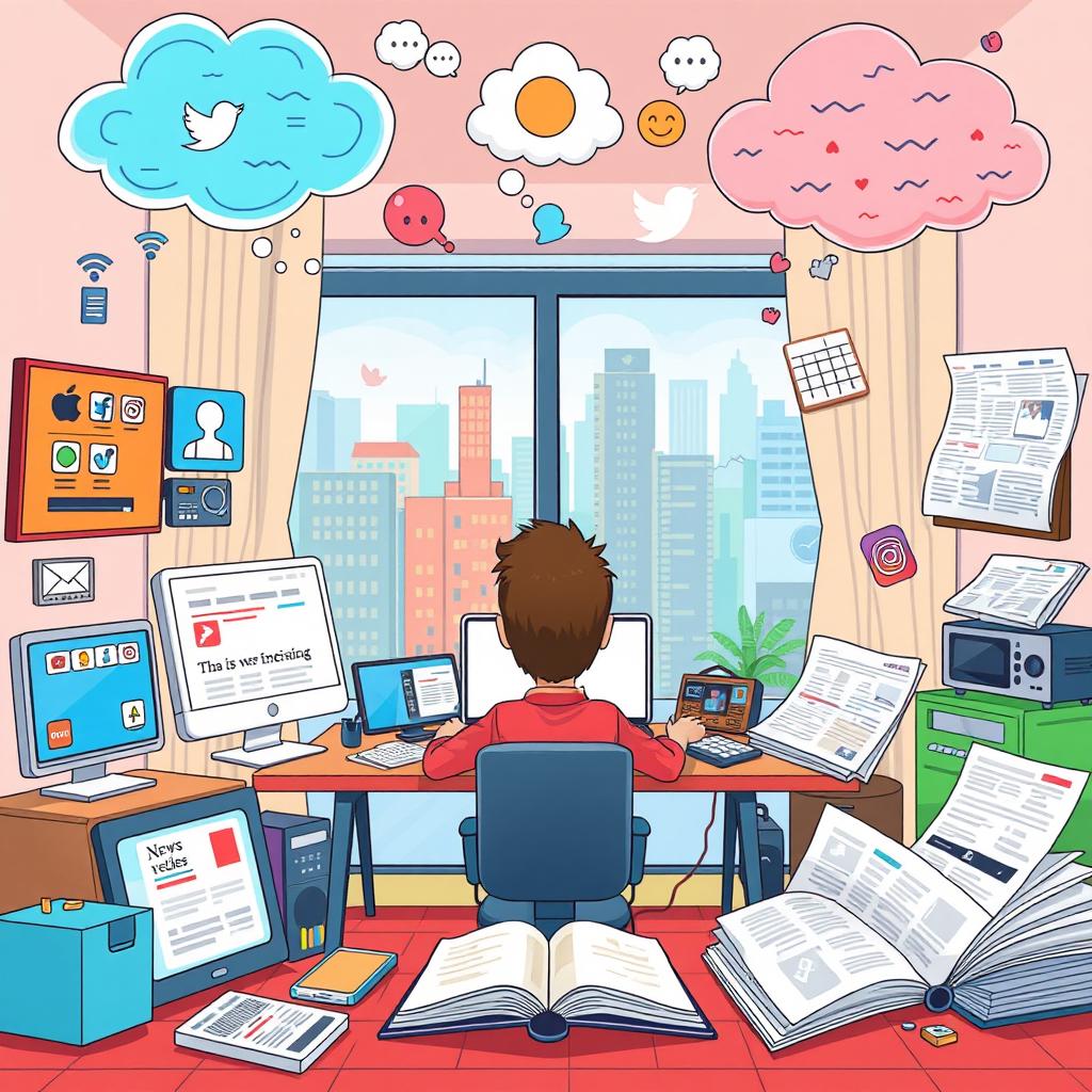 A creative illustration depicting various forms of media impacting daily life