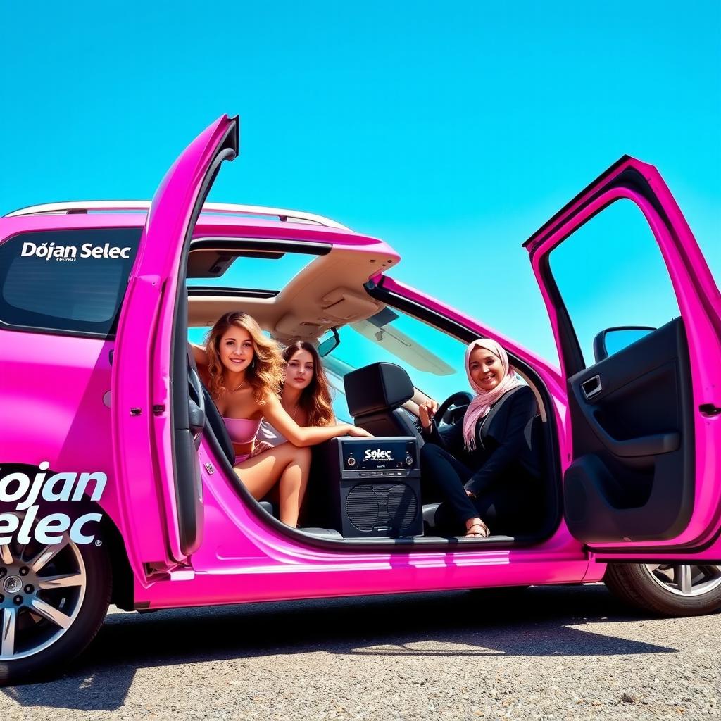 A vibrant scene of a pink Doğan Selec branded car parked with its doors open, showcasing both the interior and exterior
