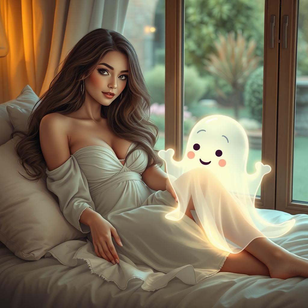 A serene scene featuring a beautiful woman lounging in a cozy room