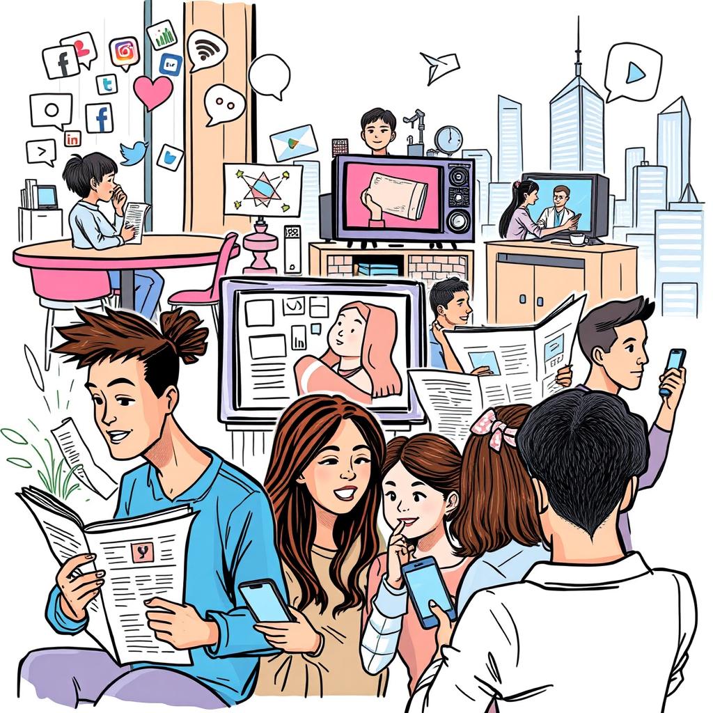 A creative and illustrative sketch showing different types of media impacting everyday life