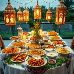 A beautifully arranged catering display for a Ramadan feast, featuring a festive table adorned with traditional Middle Eastern dishes