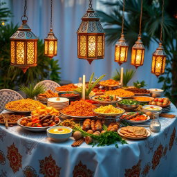A beautifully arranged catering display for a Ramadan feast, featuring a festive table adorned with traditional Middle Eastern dishes