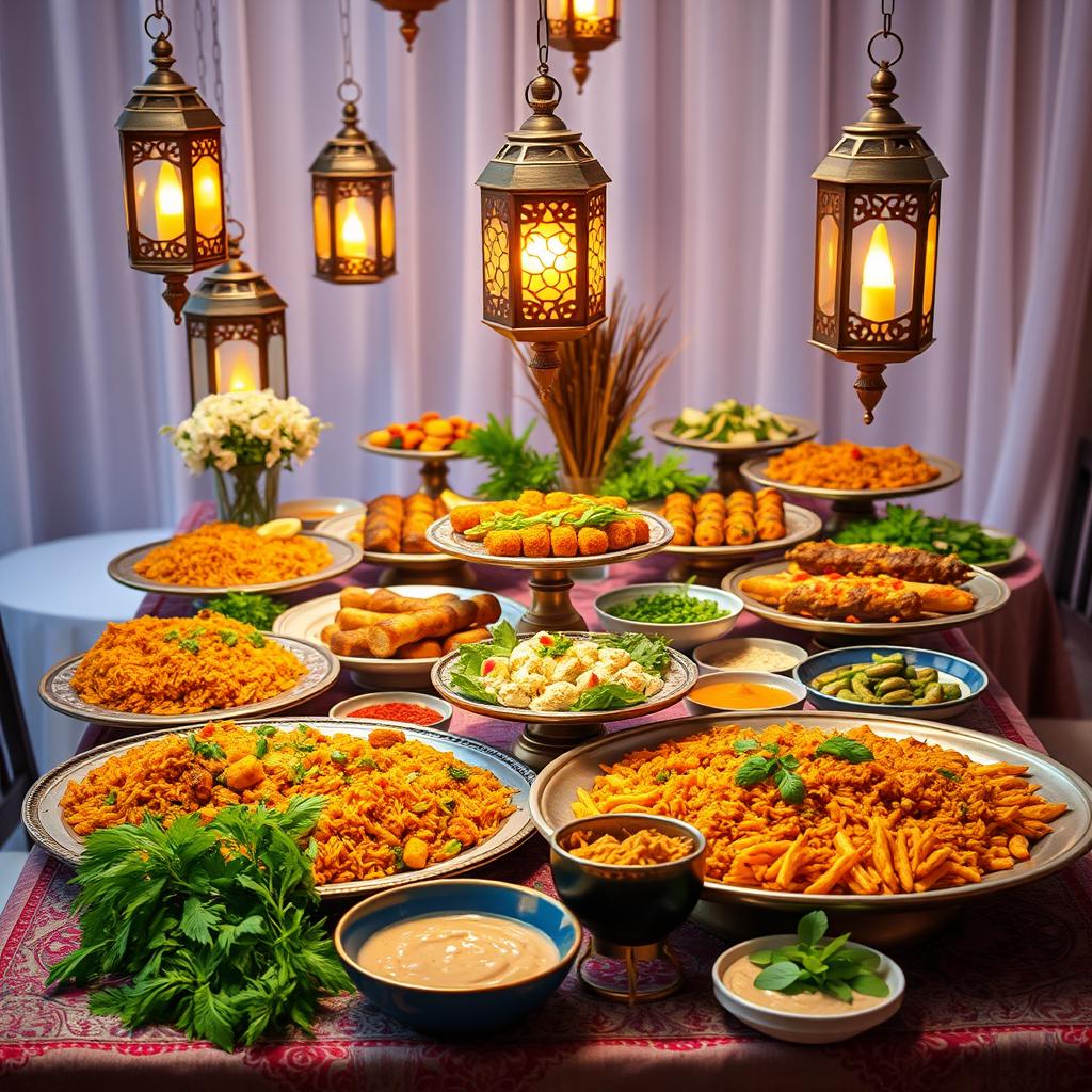 A beautifully arranged catering display for a Ramadan feast, featuring a festive table adorned with traditional Middle Eastern dishes