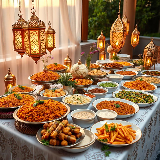 A beautifully arranged catering display for a Ramadan feast, featuring a festive table adorned with traditional Middle Eastern dishes
