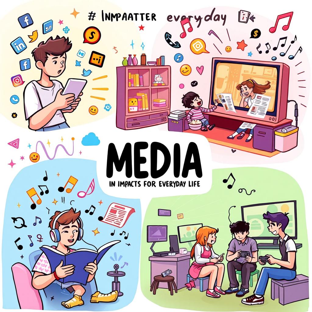A vibrant illustration depicting various types of media impacting everyday life