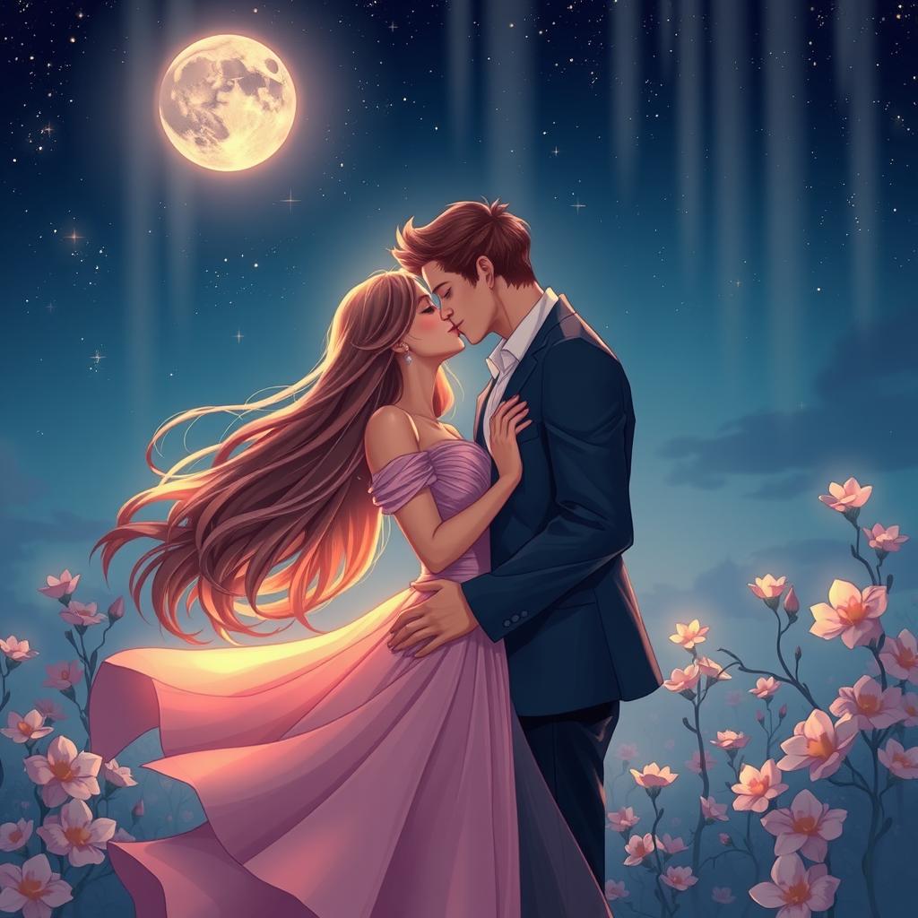A romantic scene depicting a couple sharing a passionate kiss under a starlit sky, surrounded by blooming flowers