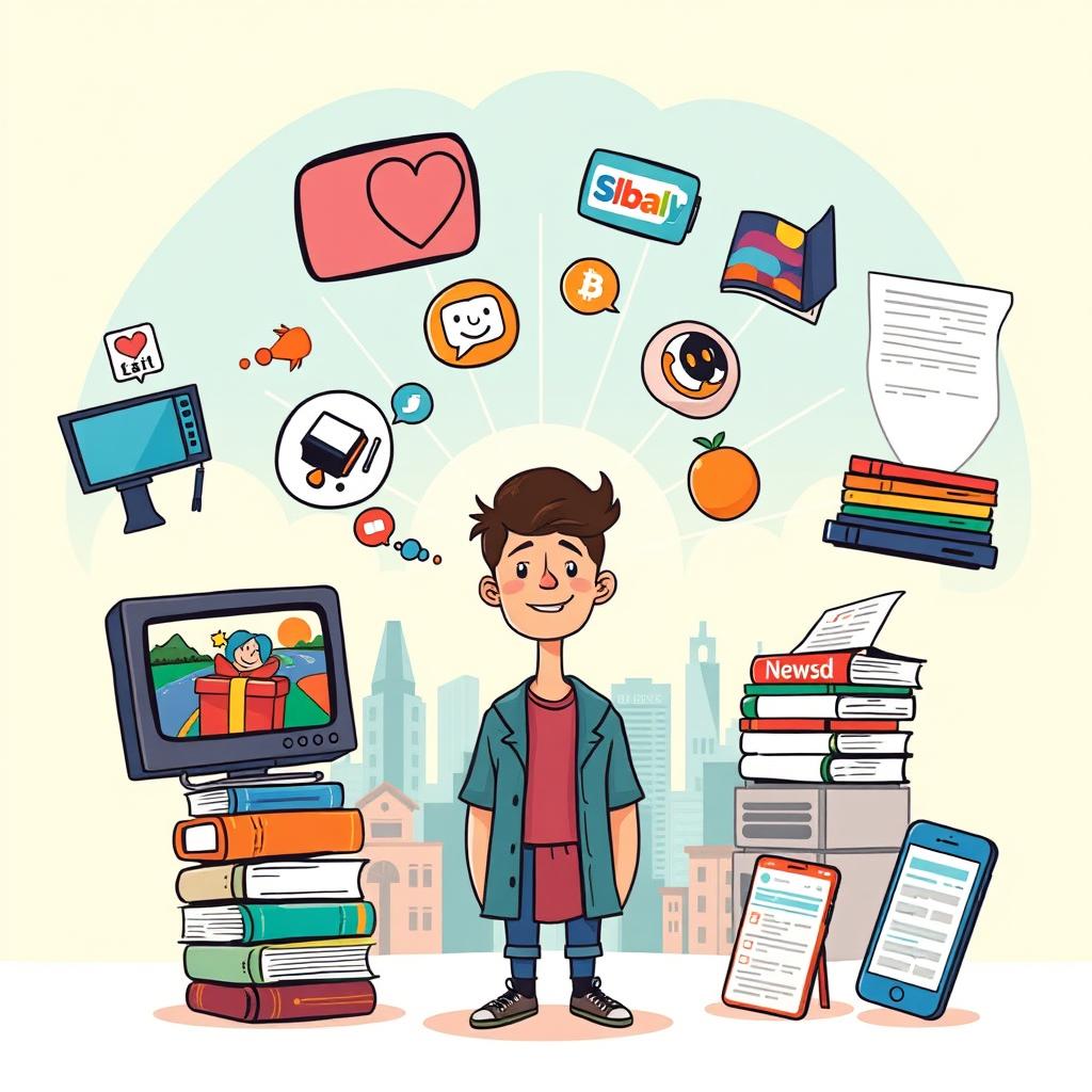 A creative illustration showing different types of media and their impact on everyday life