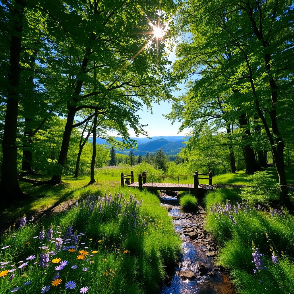 A beautiful and serene forest landscape featuring a lush green tree canopy, dappled sunlight filtering through the leaves, and a gentle stream meandering through the foreground