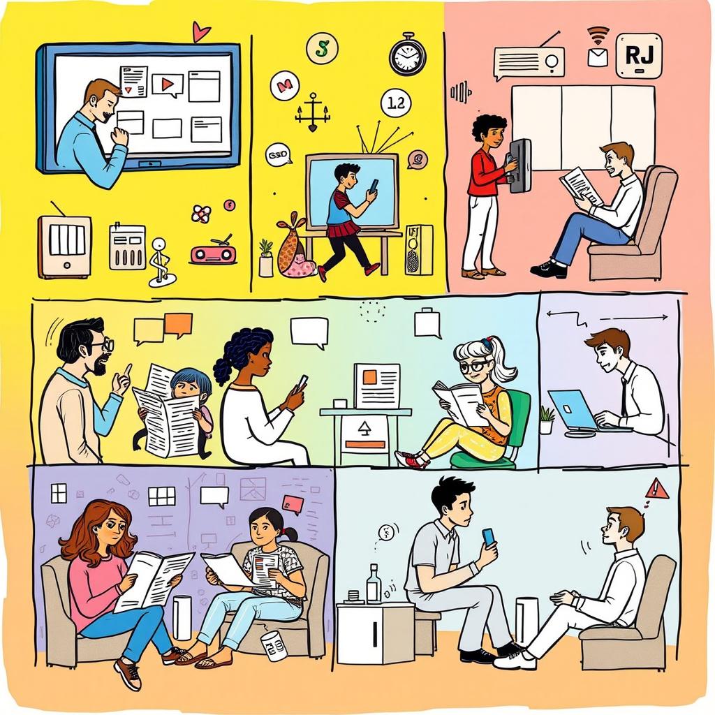 A creative and visually engaging sketch illustrating the impact of various media on everyday life
