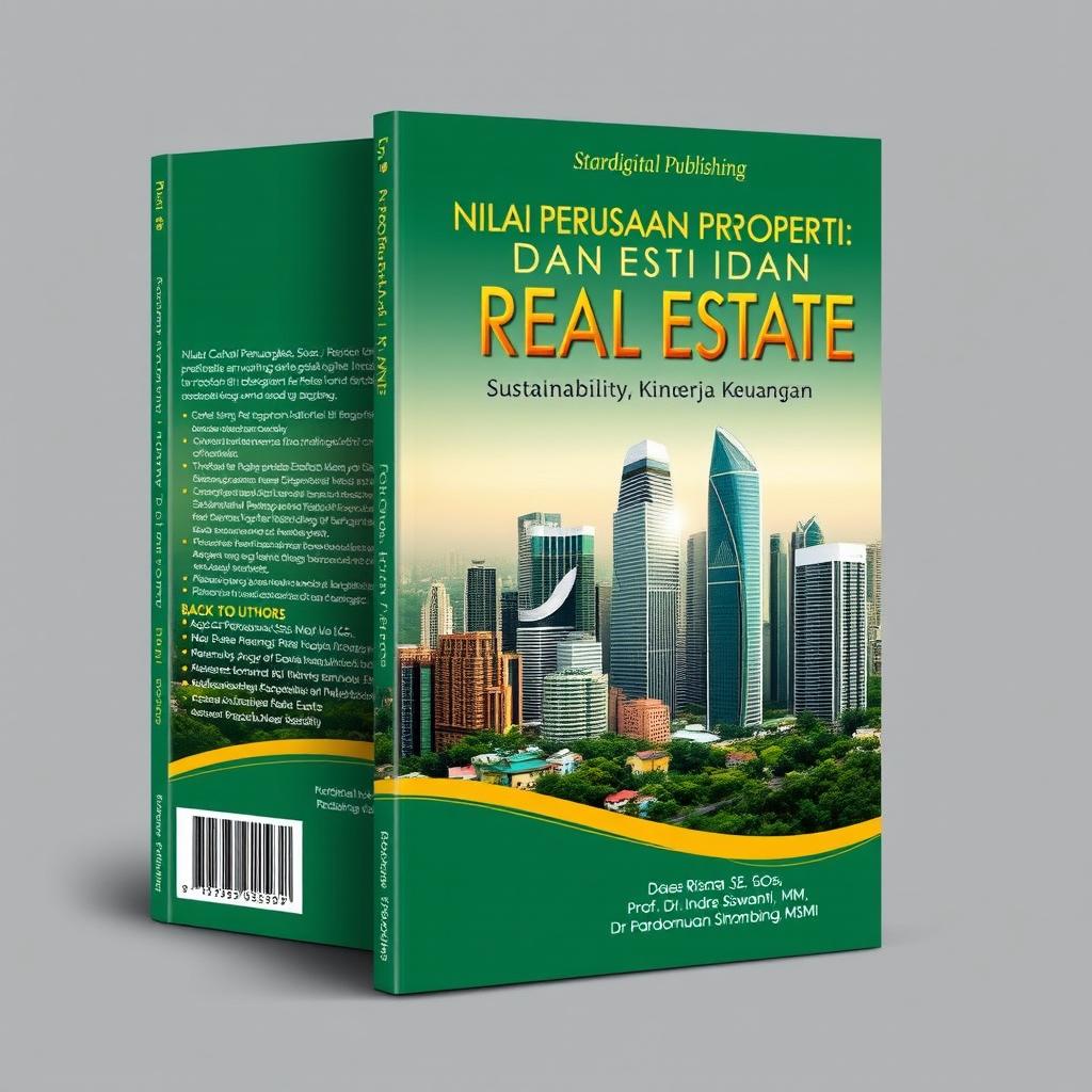 A striking, professional book cover design for a publication entitled 'NILAI PERUSAHAAN PROPERTI DAN REAL ESTATE: Sustainability, Kinerja Keuangan'