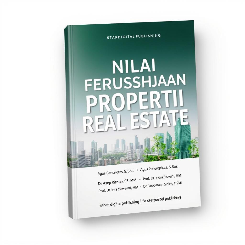 A professional and modern book cover design for a book titled 'NILAI PERUSAHAAN PROPERTI DAN REAL ESTATE: Sustainability, Kinerja Keuangan'