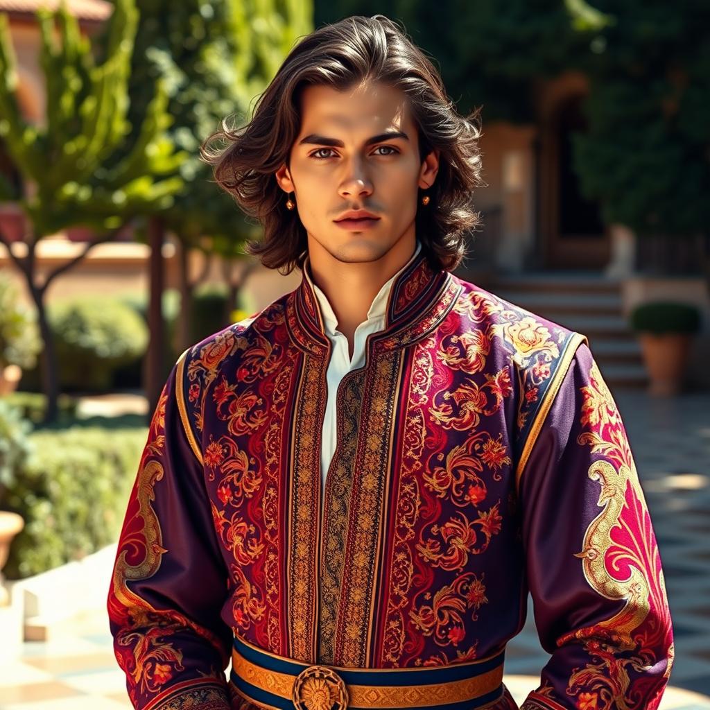 A handsome Andalusian prince from Cordoba, dressed in a richly embroidered traditional outfit with vibrant colors, intricate patterns, and elegant gold accents