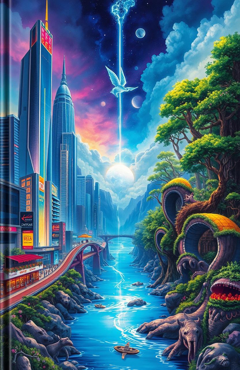 A book cover illustrating the contrast between two worlds in vibrant detail