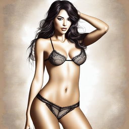 A digital art piece of a brunette woman, donned in tasteful lingerie