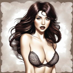 A digital art piece of a brunette woman, donned in tasteful lingerie