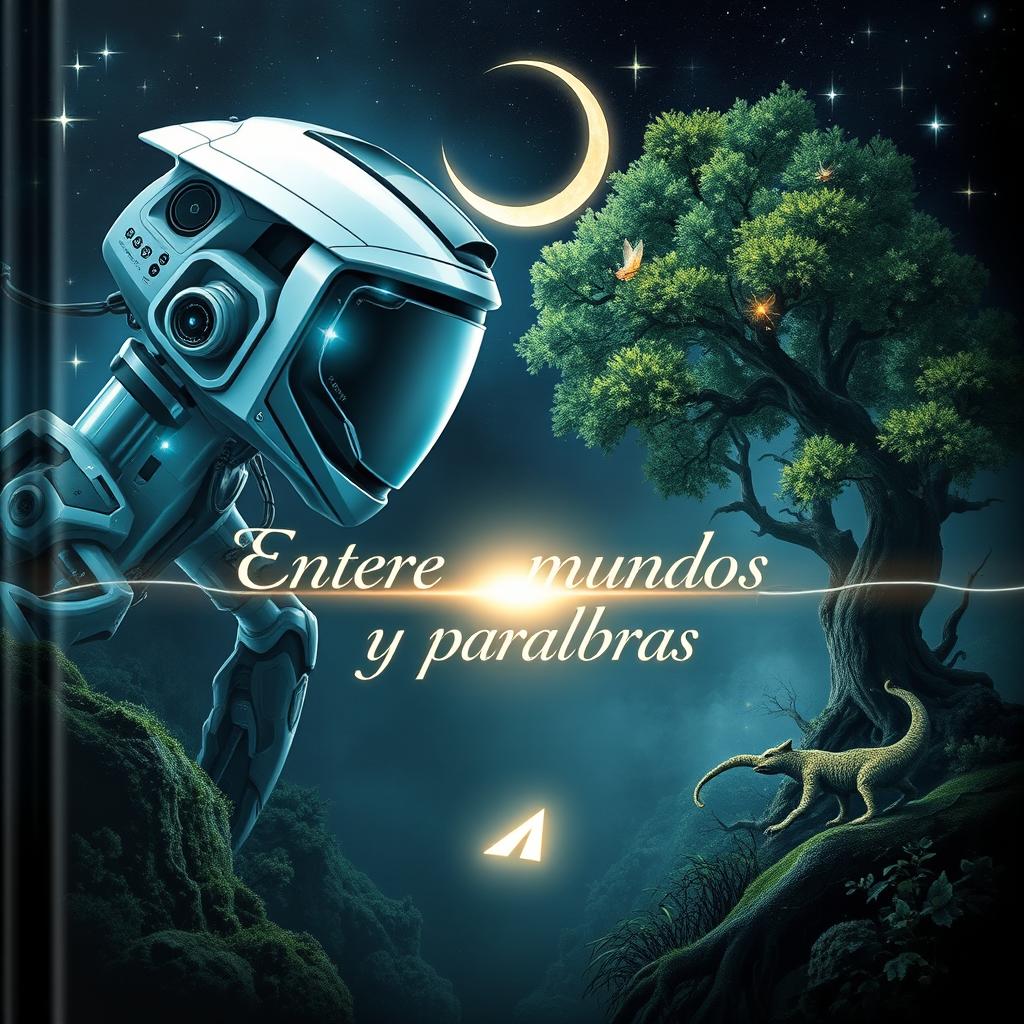 An enchanting book cover depicting two contrasting worlds, one futuristic and sleek with high-tech elements, and the other ancient and mystical with enchanted forests and magical creatures