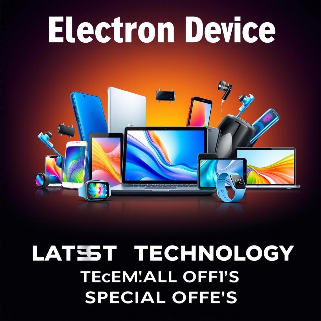 A vibrant and eye-catching electronic device banner, showcasing a variety of modern gadgets such as smartphones, tablets, laptops, and smartwatches